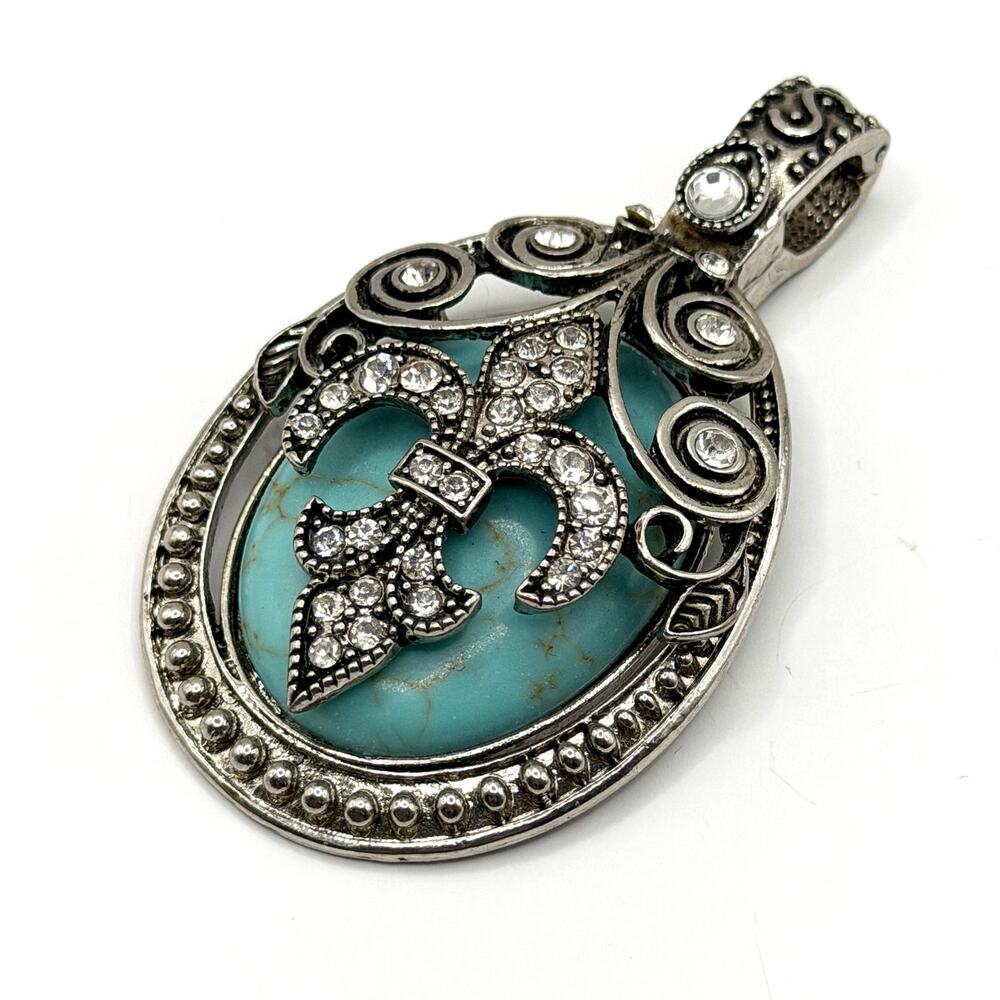Vintage Y2K Fleur de Lis Turquoise Rhinestone Magnetic Enhancer Pendant